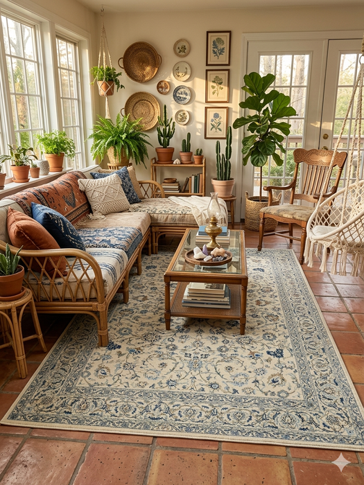 5' x 8' Rectangular Ivory Blue Floral Traditional Oriental Area Rug styled in a sunroom with rattan furniture and plants.