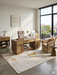 5' x 8' Rectangular Ivory & Gold Distressed Abstract Modern Washable Area Rug styled in a home office with warm wood furniture and modern decor.