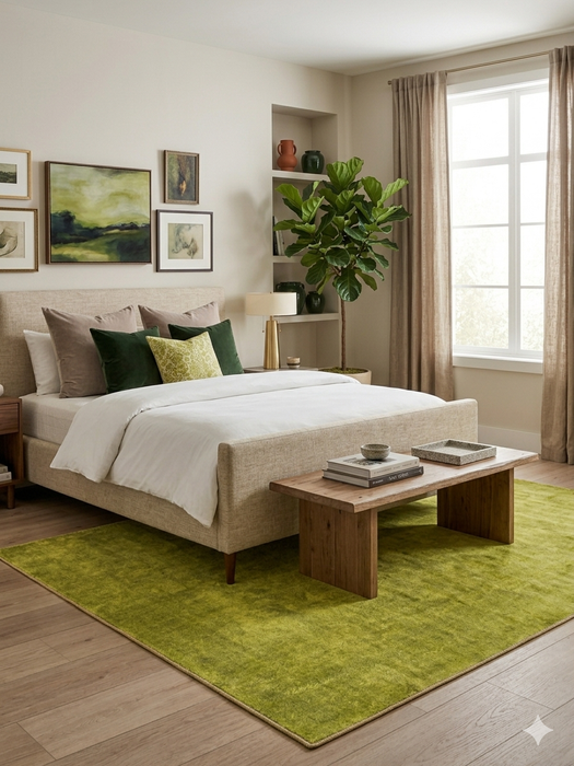 5' x 8' Rectangular Lime Green Solid Contemporary Area Rug placed in a serene bedroom with natural wood furniture and botanical décor.