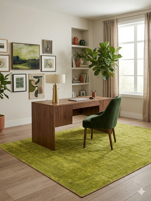 5' x 8' Rectangular Lime Green Solid Contemporary Area Rug styled in a contemporary home office with a walnut desk and emerald green chair.
