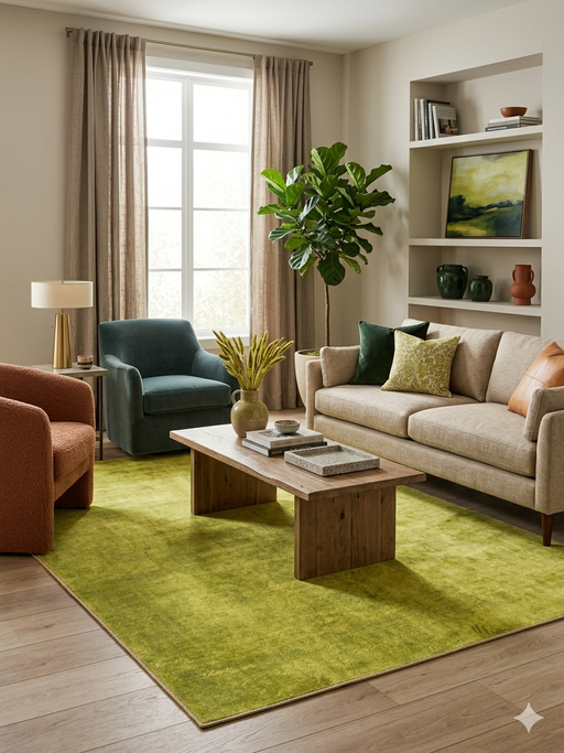 5' x 8' Rectangular Lime Green Solid Contemporary Area Rug styled in a modern living room with neutral furniture and green accents.
