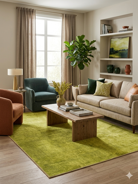 5' x 8' Rectangular Lime Green Solid Contemporary Area Rug styled in a modern living room with neutral furniture and green accents.