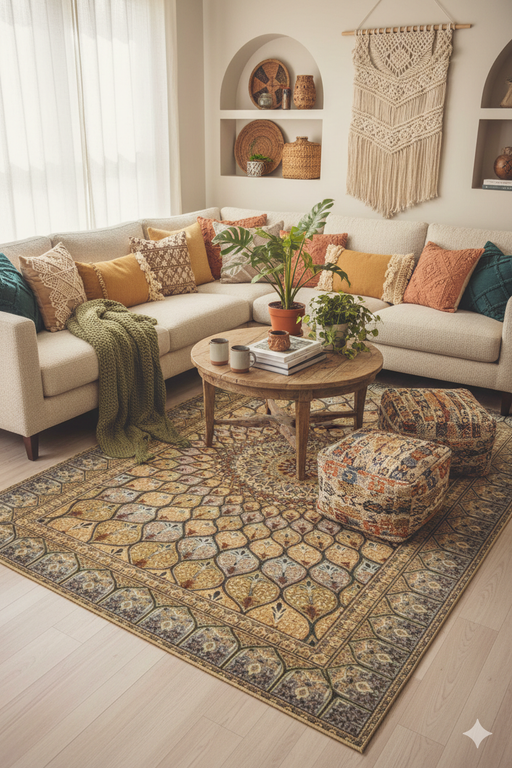 5' x 8' Rectangular Multicolor Floral Medallion Boho Washable Area Rug placed in a cozy living room with neutral-colored furniture, vibrant throw pillows, and a relaxed bohemian vibe.