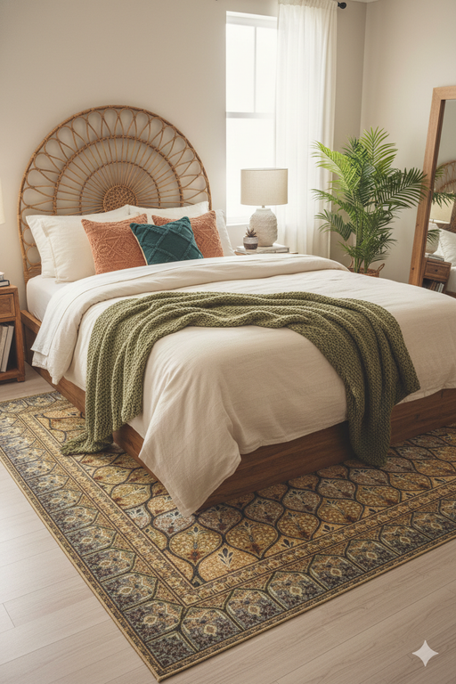 5' x 8' Rectangular Multicolor Floral Medallion Boho Washable Area Rug placed in a serene bedroom with a natural wood bed frame, cozy bedding, and soft light coming through the windows.