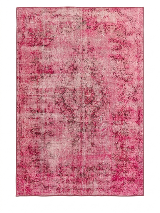 5' x 8' Rectangular Pink Distressed Oriental Vintage Area Rug isolated on a white background.