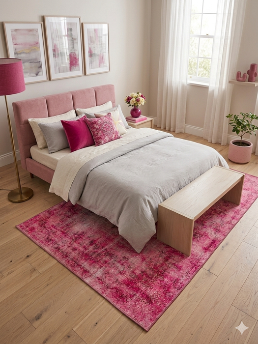 5' x 8' Rectangular Pink Distressed Oriental Vintage Area Rug placed in a soft and elegant bedroom with pastel décor.