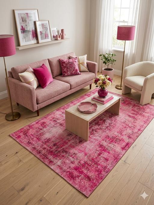 5' x 8' Rectangular Pink Distressed Oriental Vintage Area Rug styled in a chic living room with blush pink accents.