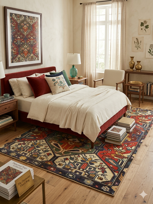 5' x 8' Rectangular Red Multi Color Geometric Floral Tribal Vintage Area Rug styled in a bedroom.