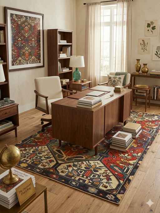 5' x 8' Rectangular Red Multi Color Geometric Floral Tribal Vintage Area Rug styled in a home office.