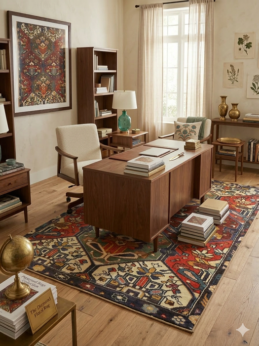 5' x 8' Rectangular Red Multi Color Geometric Floral Tribal Vintage Area Rug styled in a home office.