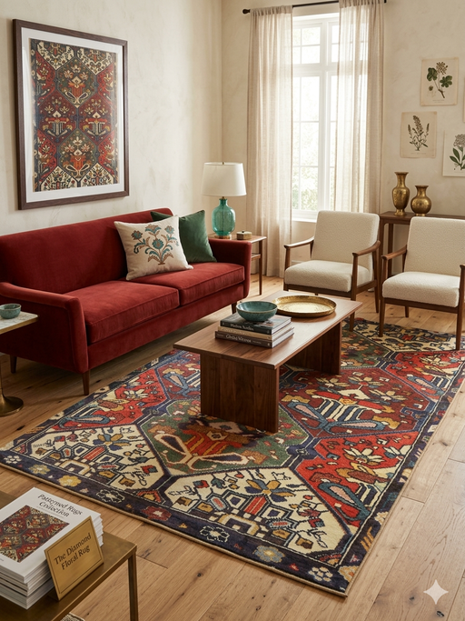 5' x 8' Rectangular Red Multi Color Geometric Floral Tribal Vintage Area Rug styled in a living room.