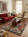 5' x 8' Rectangular Red Multi Color Geometric Floral Tribal Vintage Area Rug styled in a living room.