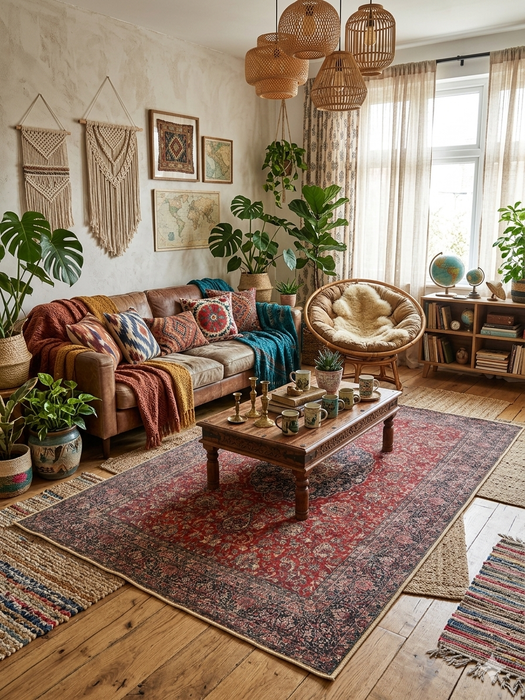 5' x 8' Rectangular Red & Navy Floral Medallion Traditional Area Rug placed in a cozy bohemian living room beneath a wooden coffee table.