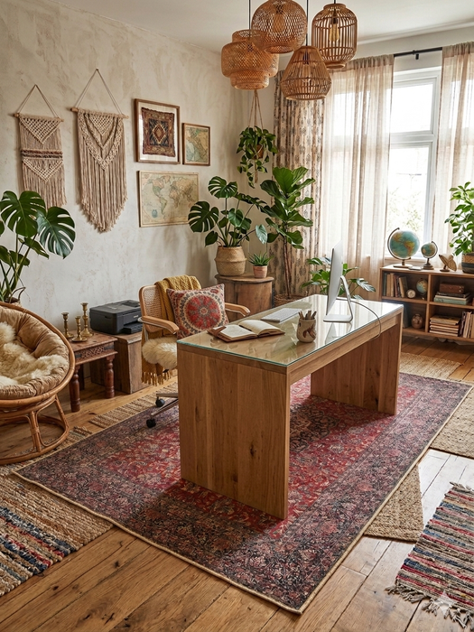 5' x 8' Rectangular Red & Navy Floral Medallion Traditional Area Rug placed in a creative home office beneath a modern wooden desk.