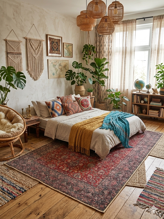 5' x 8' Rectangular Red & Navy Floral Medallion Traditional Area Rug styled in a warm boho bedroom under a low platform bed.