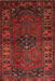 5' x 8' Rectangular Red & Navy Tribal Geometric Traditional Washable Area Rug isolated on a white background.