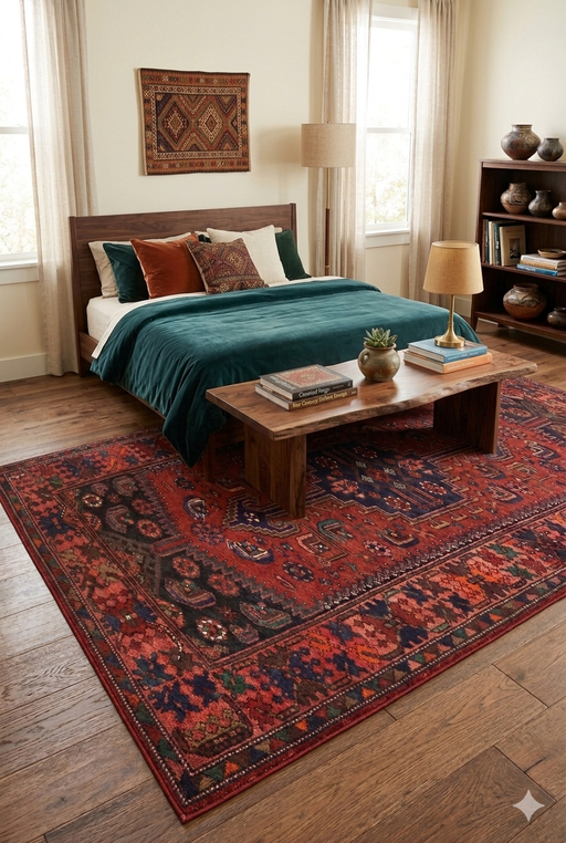 5' x 8' Rectangular Red & Navy Tribal Geometric Traditional Washable Area Rug styled in a bedroom with wood furniture and layered bedding.