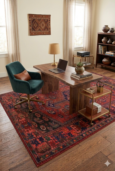 5' x 8' Rectangular Red & Navy Tribal Geometric Traditional Washable Area Rug styled in a home office with a wooden desk, shelving, and warm natural light.