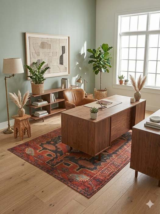 5' x 8' Rectangular Rust & Blue Geometric Tribal Southwestern Washable Area Rug styled in a home office with mid-century wood furniture and natural decor.