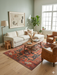 5' x 8' Rectangular Rust & Blue Geometric Tribal Southwestern Washable Area Rug styled in a living room with neutral seating and warm wood accents.
