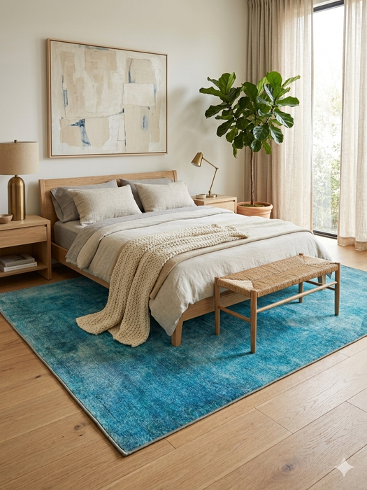 5' x 8' Rectangular Teal & Aqua Distressed Abstract Modern Area Rug styled in a bedroom with layered neutral bedding and warm wood accents.