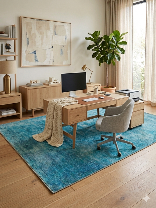 5' x 8' Rectangular Teal & Aqua Distressed Abstract Modern Area Rug styled in a home office with a wooden desk and natural light.