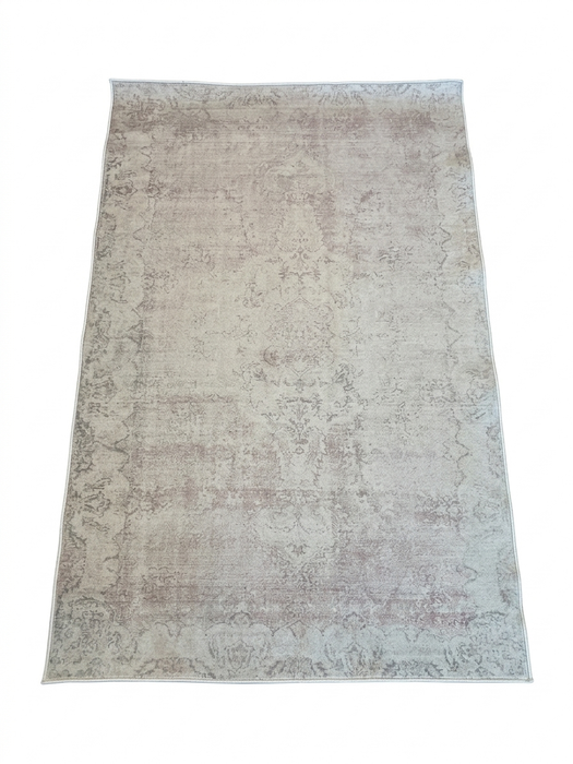 5' x 8' rectangular beige & ivory distressed oriental vintage area rug isolated on a white background.