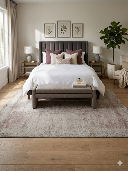 5' x 8' rectangular beige & ivory distressed oriental vintage area rug placed in a serene bedroom with a tufted bed and neutral decor.