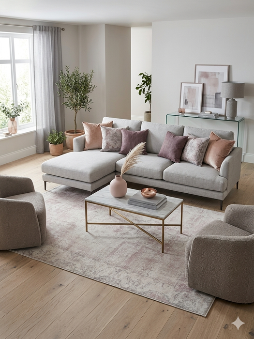 5' x 8' rectangular beige & ivory distressed oriental vintage area rug styled in a bright living room with a neutral sofa and soft accent pillows.