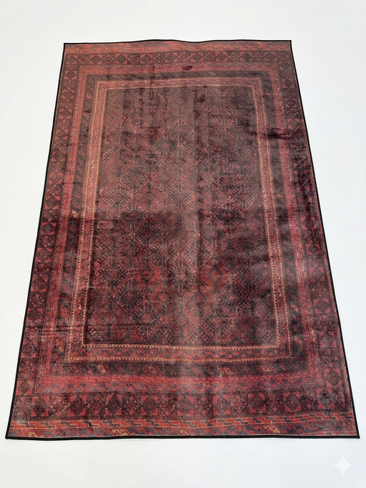 5' x 8' rectangular burgundy & black distressed tribal traditional area rug isolated on a white background.