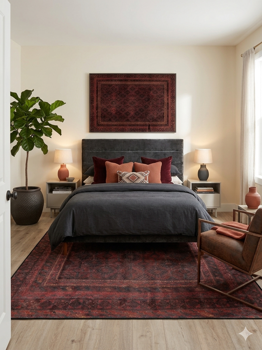 5' x 8' rectangular burgundy & black distressed tribal traditional area rug placed in a bedroom with a dark upholstered bed and warm accent pillows.