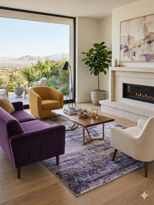 5' x 8' rectangular gray & lavender distressed abstract modern area rug styled in a bright living room with a fireplace and contemporary seating.