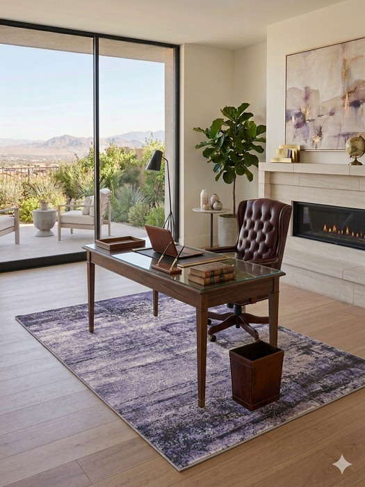 5' x 8' rectangular gray & lavender distressed abstract modern area rug styled in a modern home office with a wooden desk and warm accents.