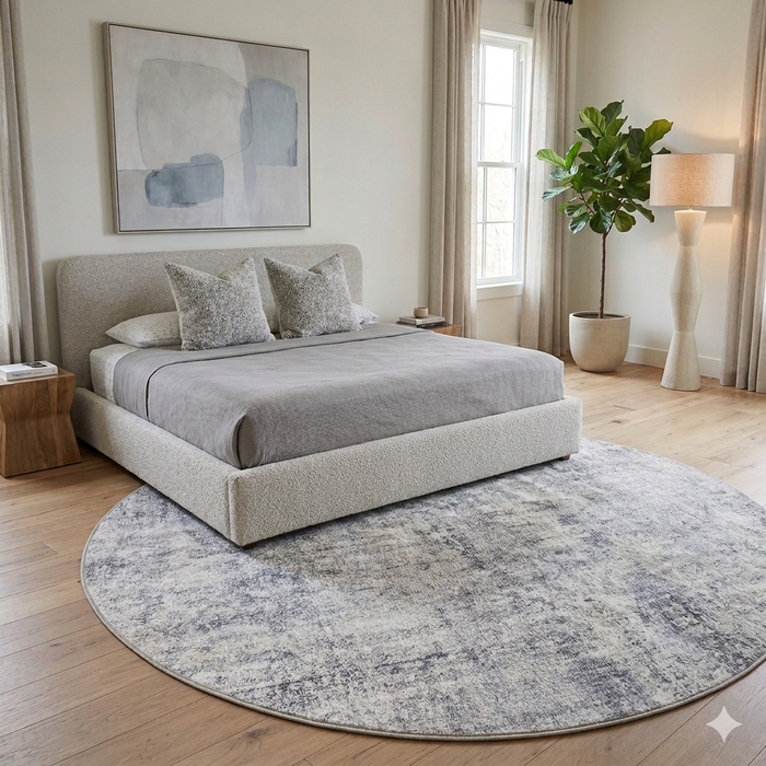6' Round Beige & Gray Distressed Abstract Modern Area Rug styled in a bedroom with soft neutral bedding and natural light.