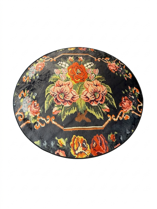 6' Round Black Multi Color Floral Bouquet Vintage Traditional Area Rug isolated on a white background.