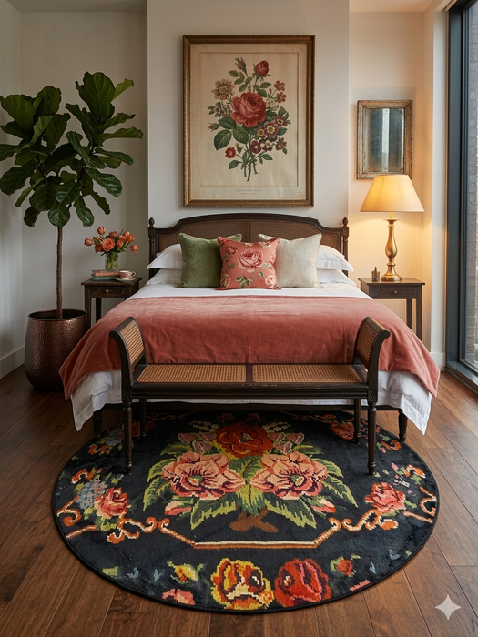 6' Round Black Multi Color Floral Bouquet Vintage Traditional Area Rug styled in a bedroom with warm lighting and classic decor.