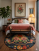 6' Round Black Multi Color Floral Bouquet Vintage Traditional Area Rug styled in a bedroom with warm lighting and classic decor.
