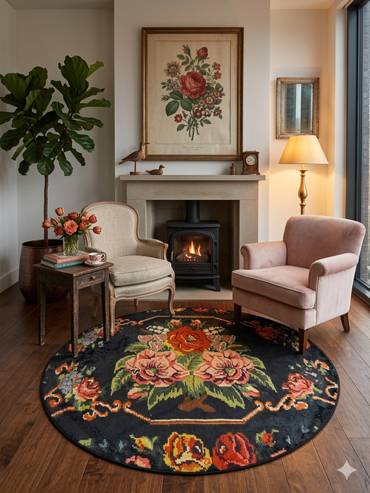 6' Round Black Multi Color Floral Bouquet Vintage Traditional Area Rug styled in a cozy sitting area with fireplace and accent chairs.