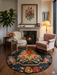 6' Round Black Multi Color Floral Bouquet Vintage Traditional Area Rug styled in a cozy sitting area with fireplace and accent chairs.