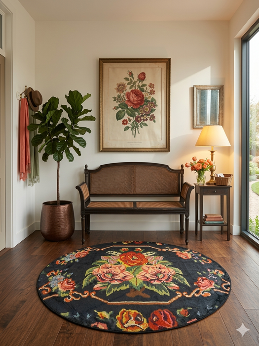 6' Round Black Multi Color Floral Bouquet Vintage Traditional Area Rug styled in an entryway with bench seating and botanical wall art.