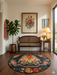 6' Round Black Multi Color Floral Bouquet Vintage Traditional Area Rug styled in an entryway with bench seating and botanical wall art.