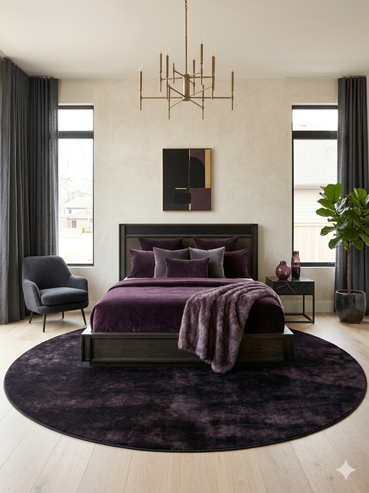6' Round Black Plum Solid Contemporary Area Rug placed in an elegant bedroom with rich purple bedding and dramatic contemporary décor.