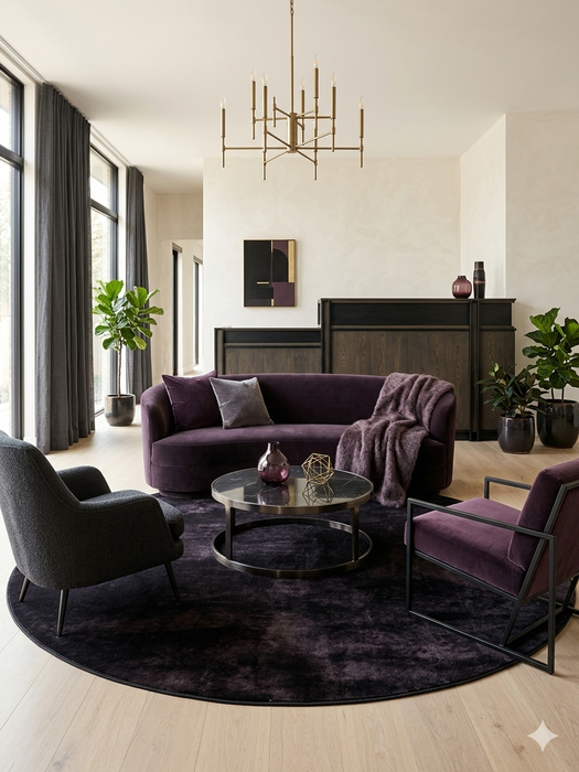 6' Round Black Plum Solid Contemporary Area Rug styled in a luxurious modern living room with deep plum seating and sleek metallic accents.