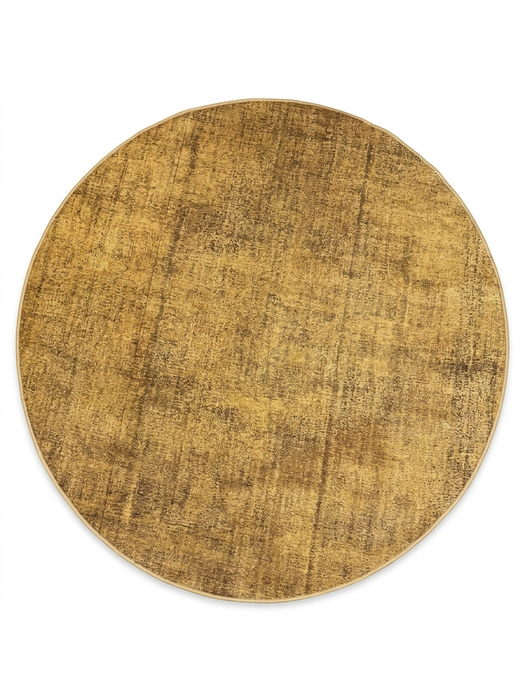 6' Round Gold & Brown Distressed Abstract Modern Washable Area Rug isolated on a white background.