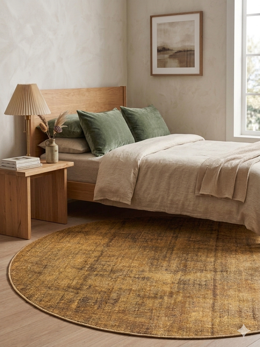 6' Round Gold & Brown Distressed Abstract Modern Washable Area Rug styled in a bedroom with warm wood furniture and neutral bedding.