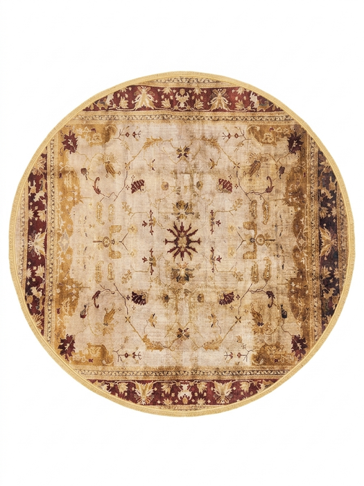 6' Round Ivory Burgundy Floral Medallion Traditional Area Rug isolated on a white background.