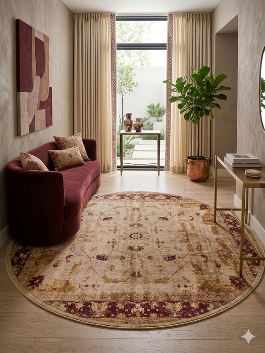 6' Round Ivory Burgundy Floral Medallion Traditional Area Rug placed in a sophisticated entryway with cream curtains and classic furnishings.