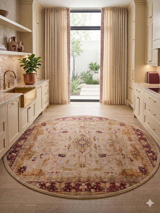 6' Round Ivory Burgundy Floral Medallion Traditional Area Rug styled in a bright kitchen with cream cabinetry and traditional accents.