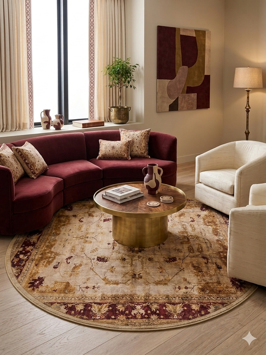 6' Round Ivory Burgundy Floral Medallion Traditional Area Rug styled in an elegant living room with burgundy seating and warm neutral décor.
