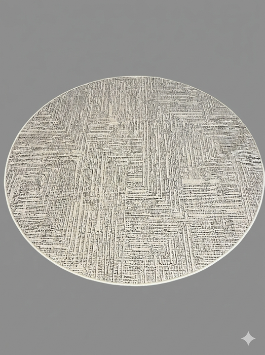 6' Round Ivory & Gray Geometric Textured Washable Area Rug displayed on a clean studio background highlighting the geometric textured pattern.